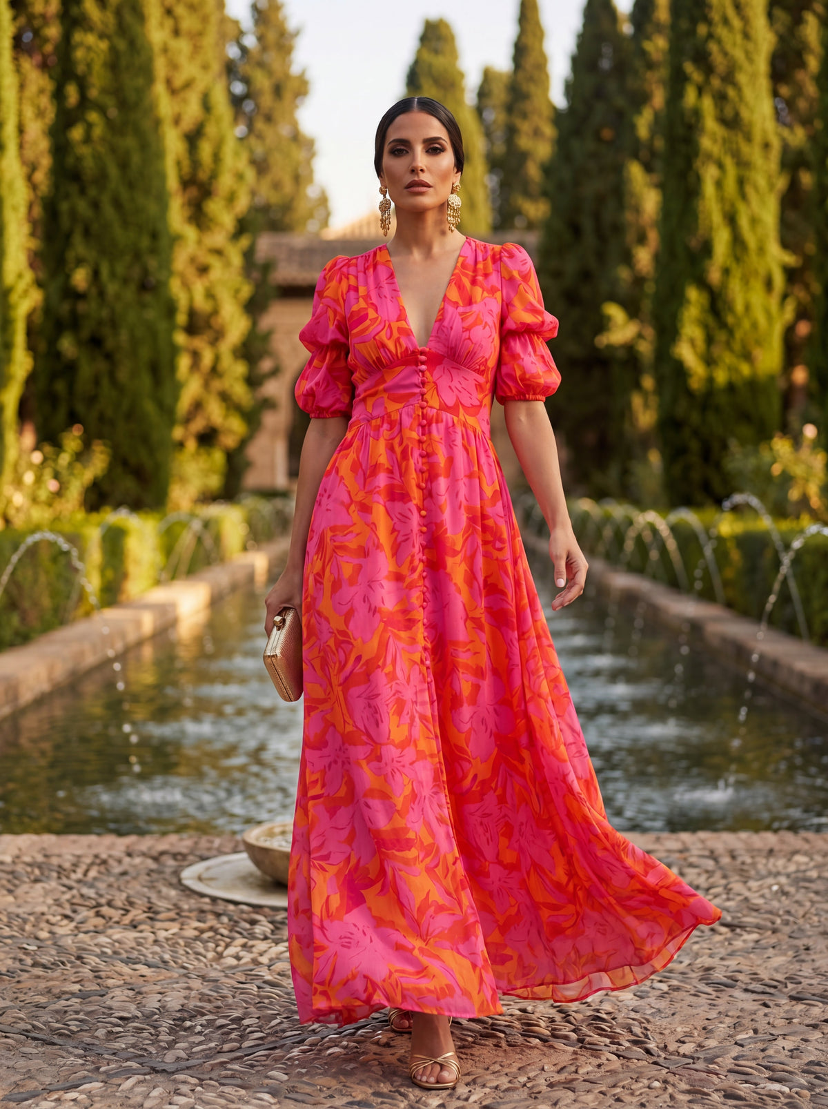 Vestido Largo Olvera en Fucsia y Naranja con Escote Cruzado