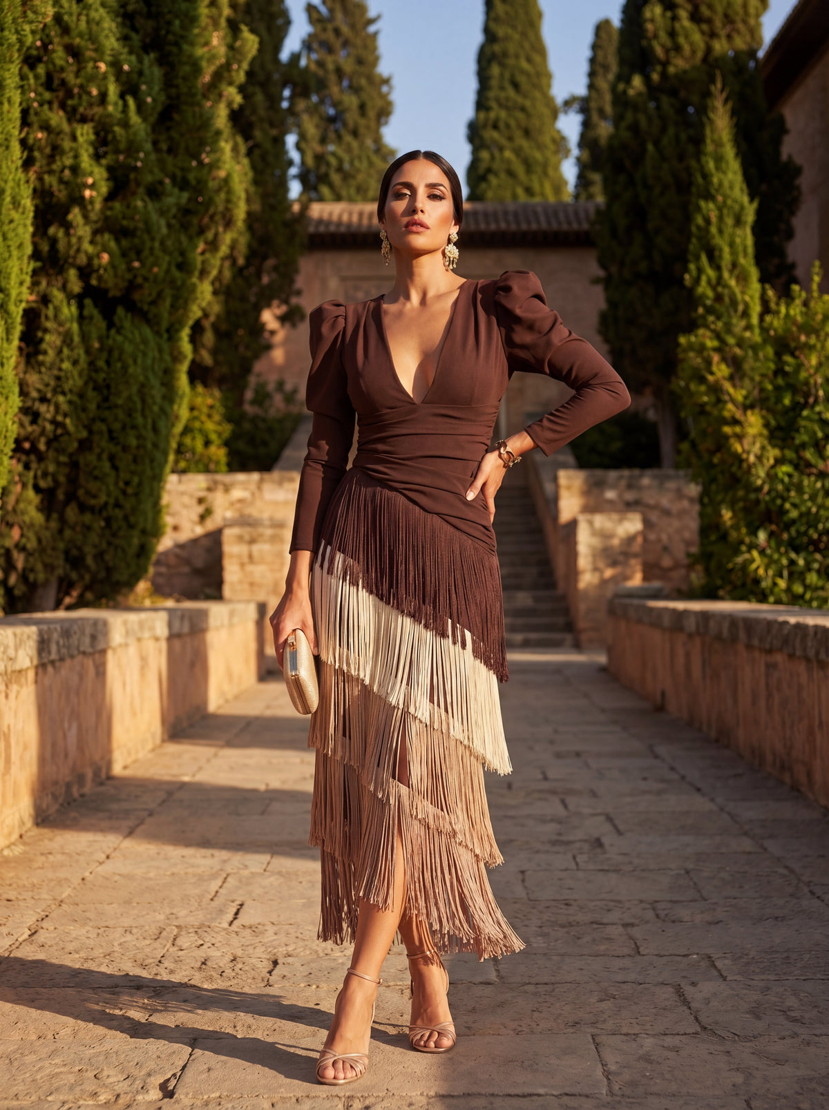 Vestido Midi Ronda en Marrón Chocolate con Flecos