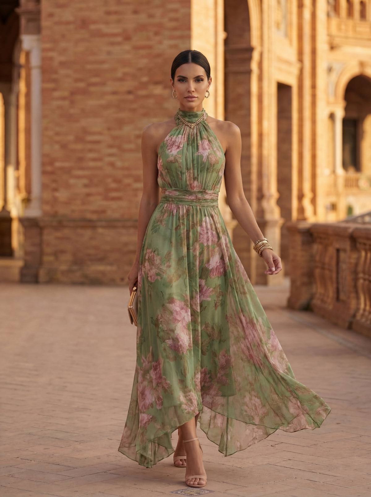 Vestido Largo Olivia en Tul Floral con Cuello Halter