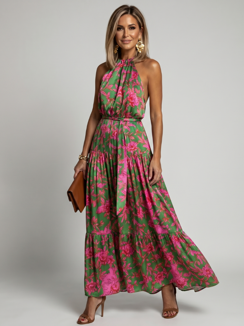 Vestido Largo Jimena con Cuello Halter y Estampado Floral Rosa