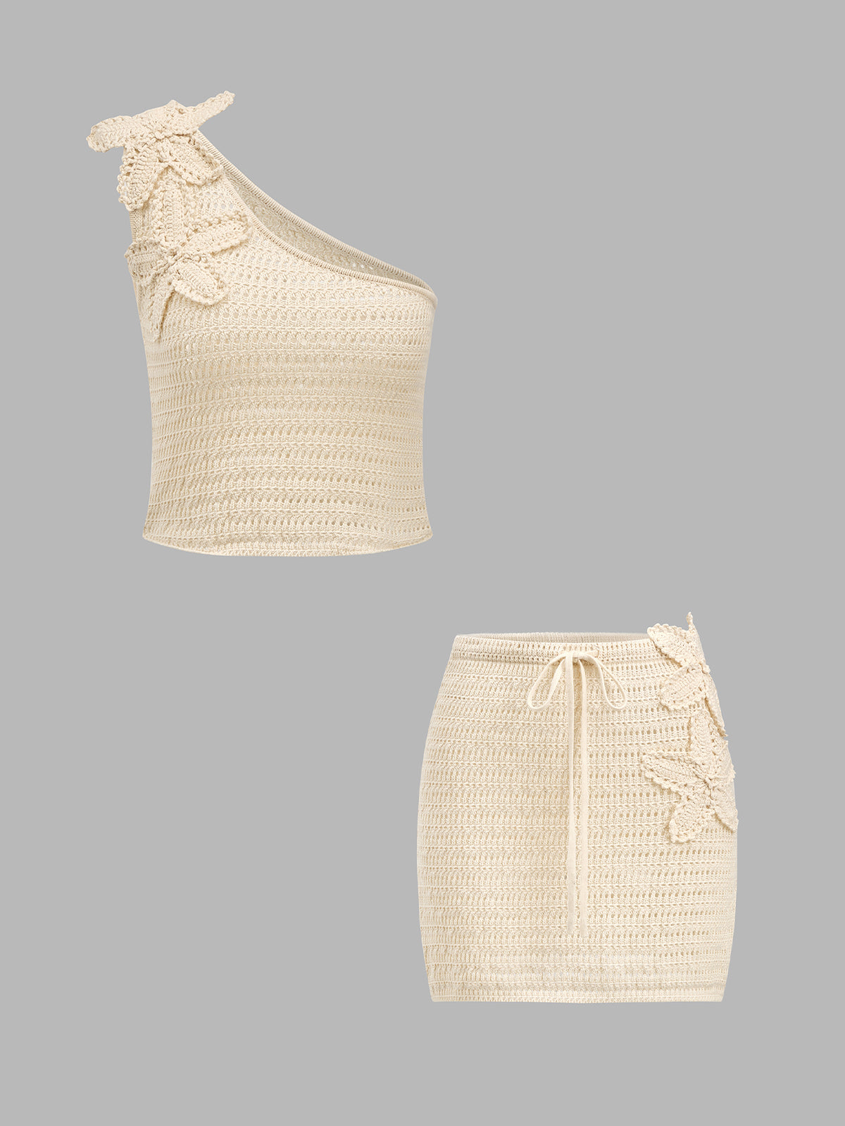 Conjunto de Top de Croché Floral Asimétrico y Minifalda