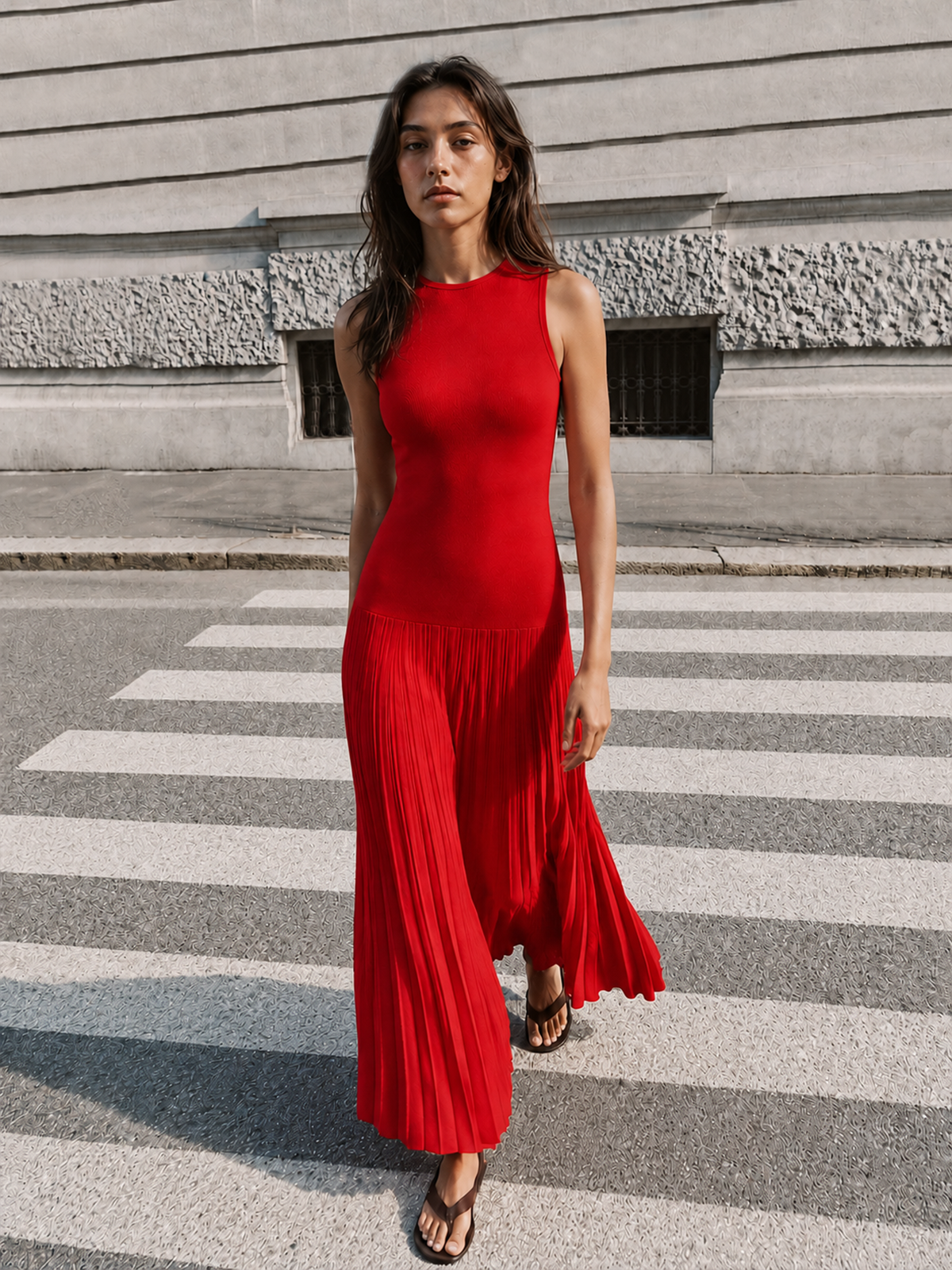 Vestido midi de punto sin mangas con corte sirena