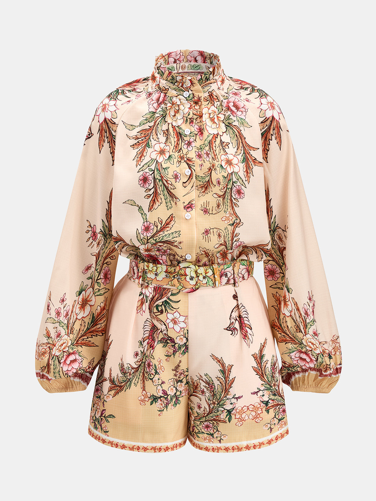 Conjunto de Camisa Estampada Floral y Pantalón Corto con Cinturón