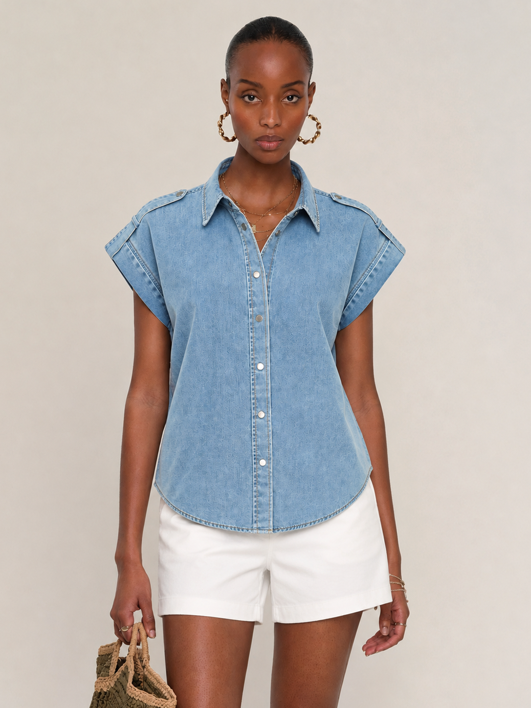 Camisa Vaquera Sin Mangas con Charreteras y Botones Metálicos