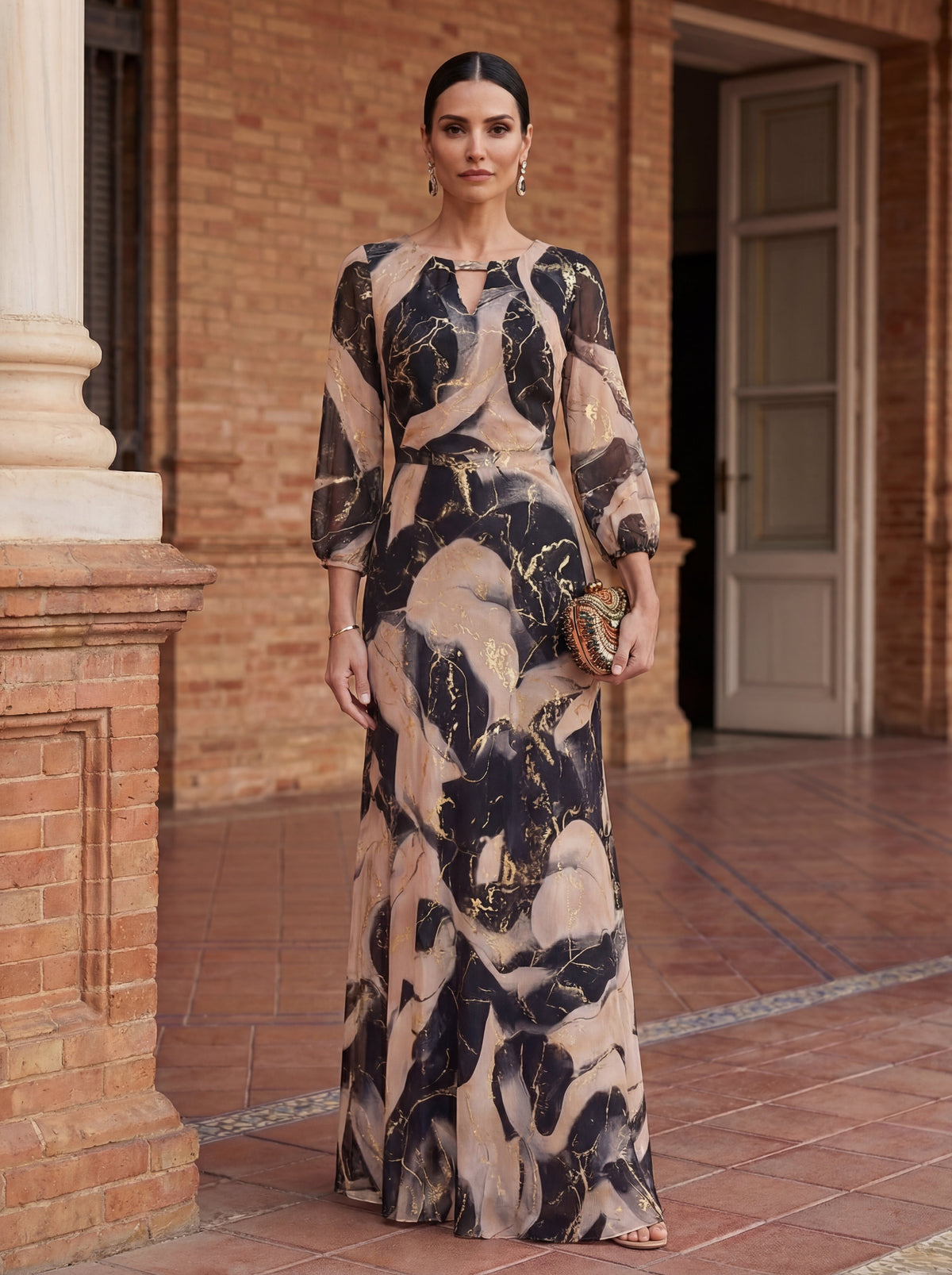 Vestido Largo Amalia en Gasa Estampada con Escote en V