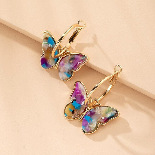 Pendientes de Aro con Mariposas Multicolor Doradas