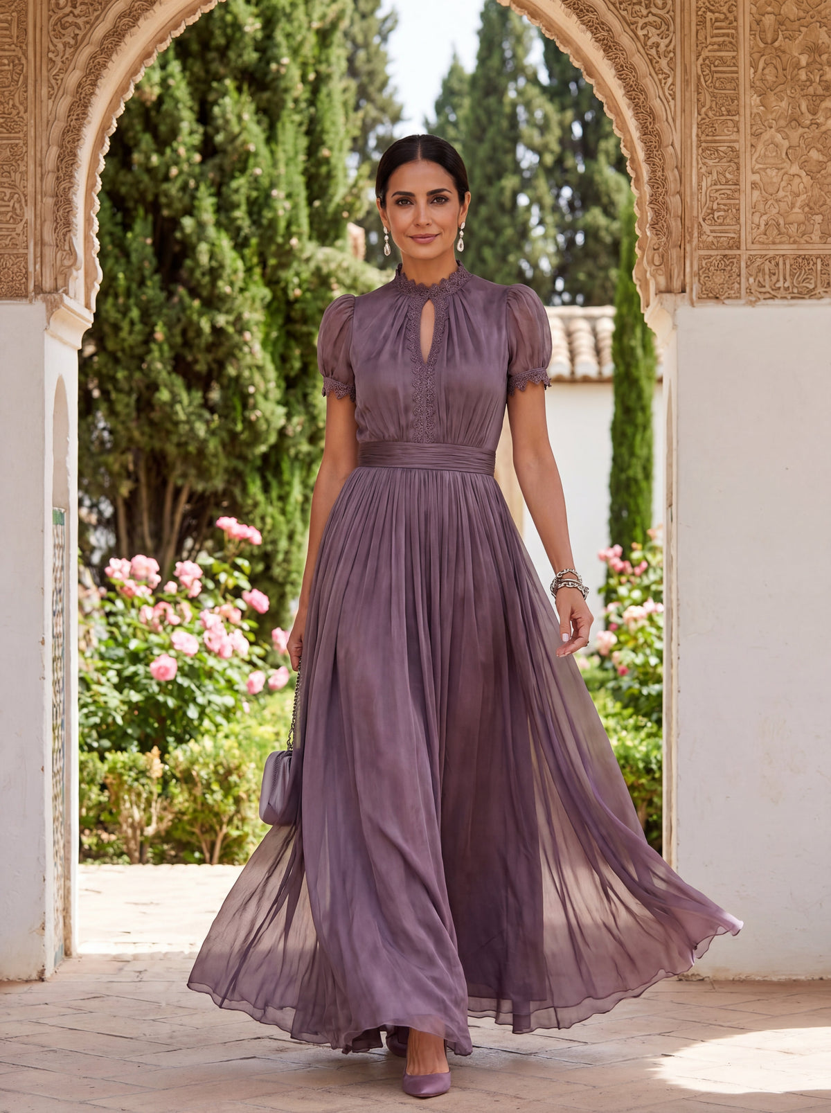 Vestido Largo Flavia en Tul Malva con Falda Plisada