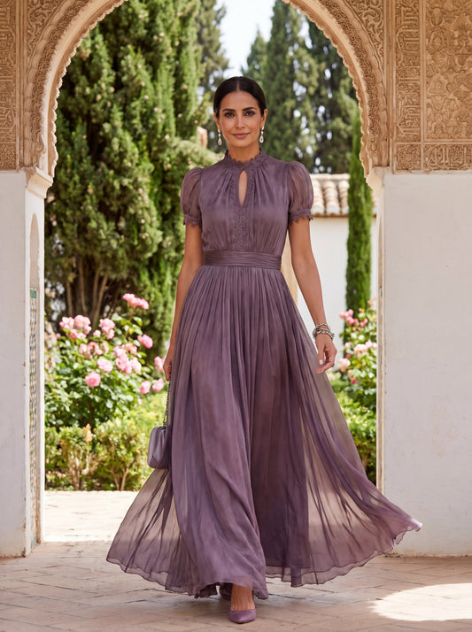 Vestido Largo Flavia en Tul Malva con Falda Plisada