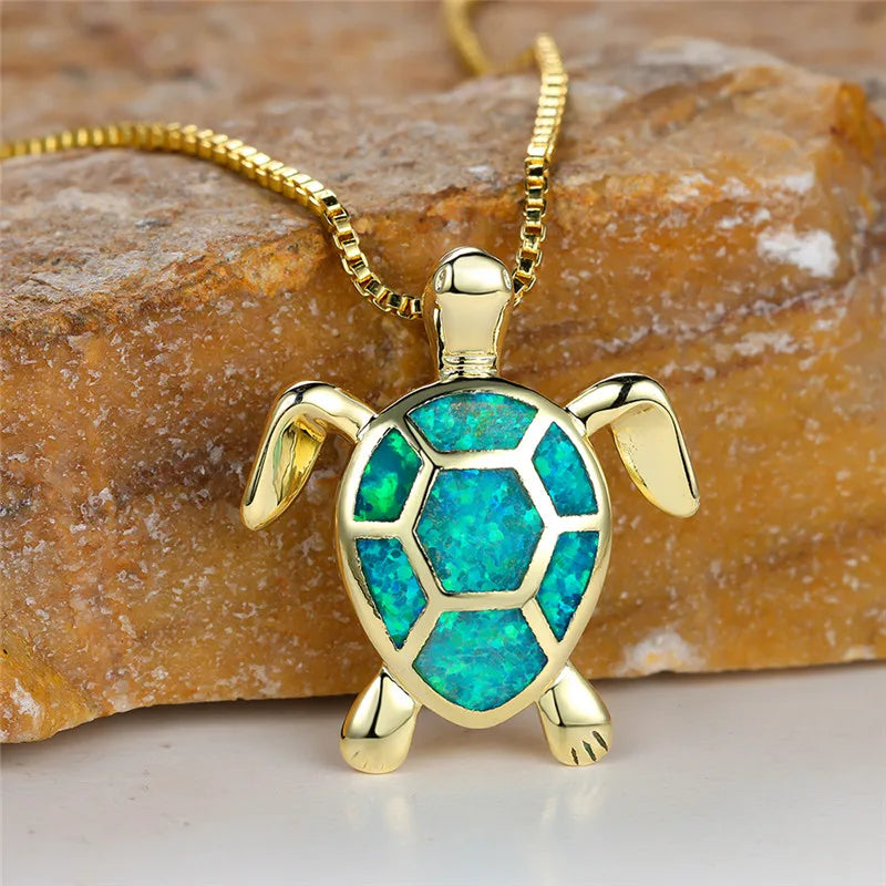 Pendentif Tortue en Opale de Feu Vert Vintage en Or
