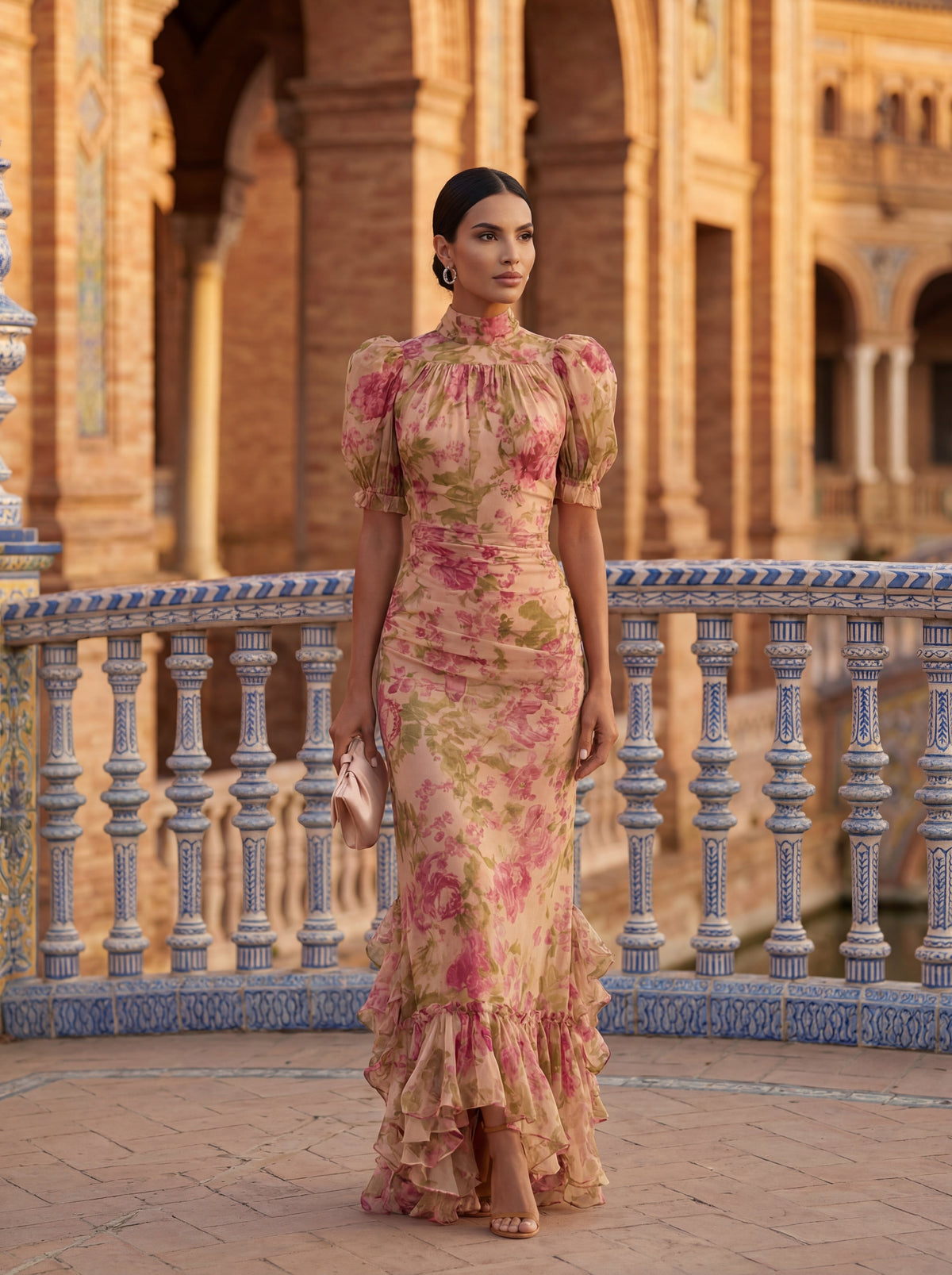 Vestido Largo Rosario en Seda Floral con Cuello Alto