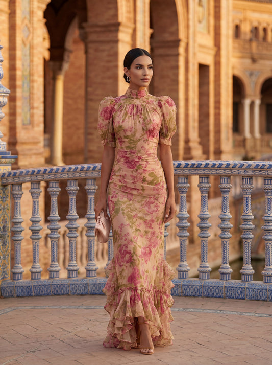 Vestido Largo Rosario en Seda Floral con Cuello Alto