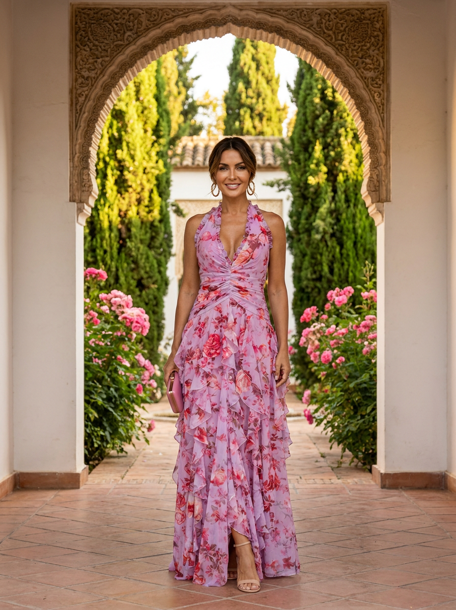 Vestido Largo Carlota con Cuello Halter y Estampado Floral Rosa