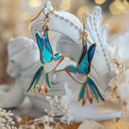 Pendientes Largos con Colibrí Dorado y Esmalte Azul