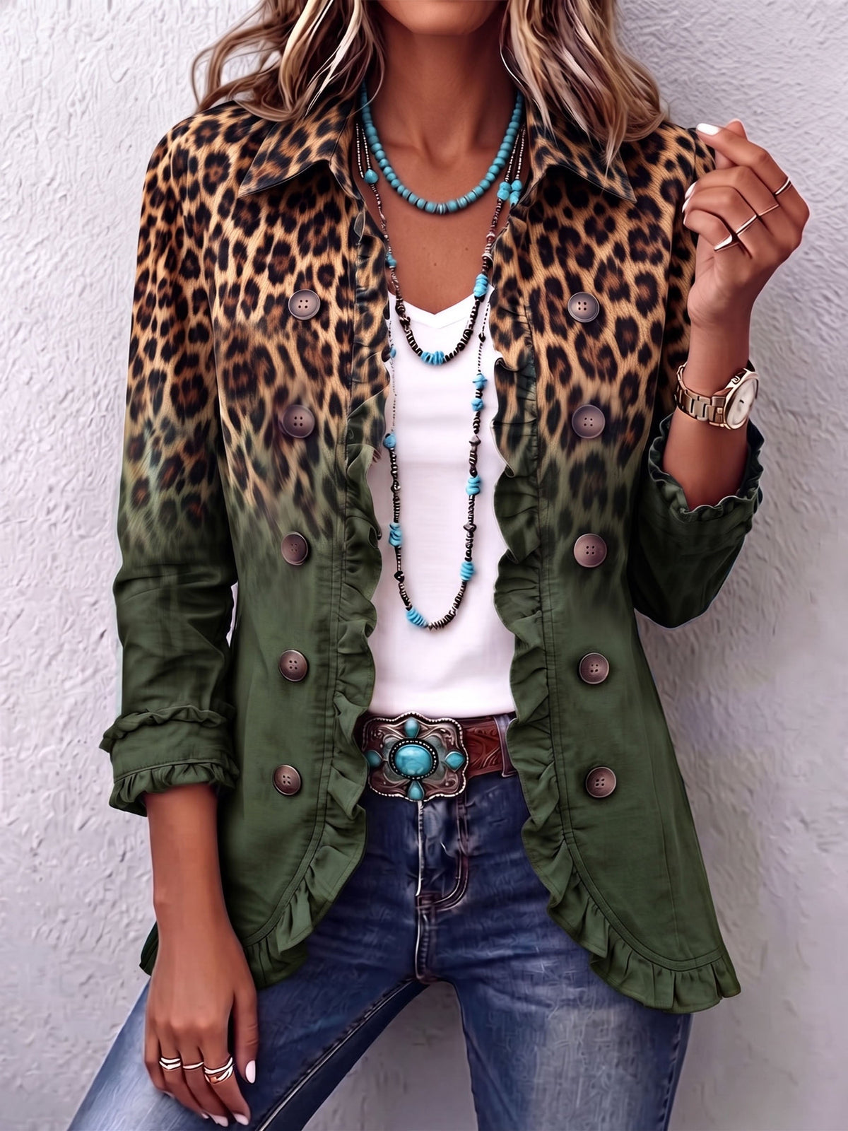 Morena™ | Blazer de Leopardo Verde con Volantes